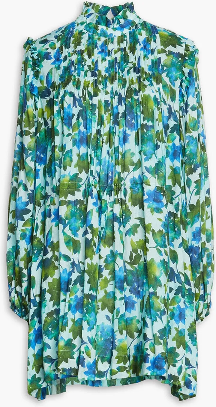 Pintucked floral-print woven mini dress