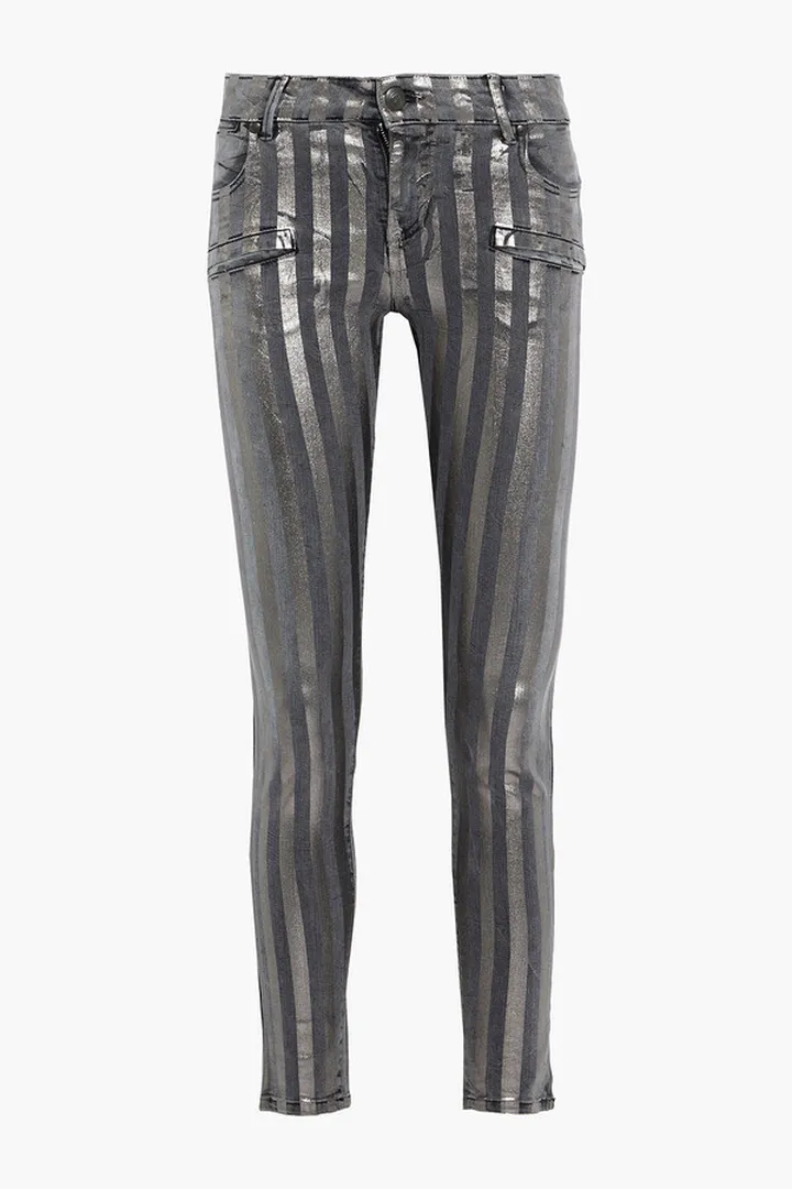 Metallic striped low-rise skinny jeans
