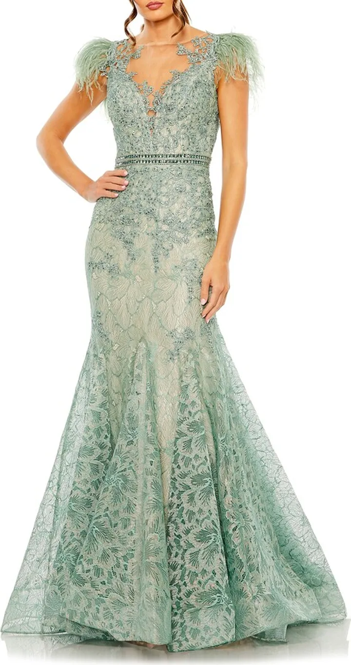 Illusion Sequin Lace Feather Sleeve Mermaid Gown