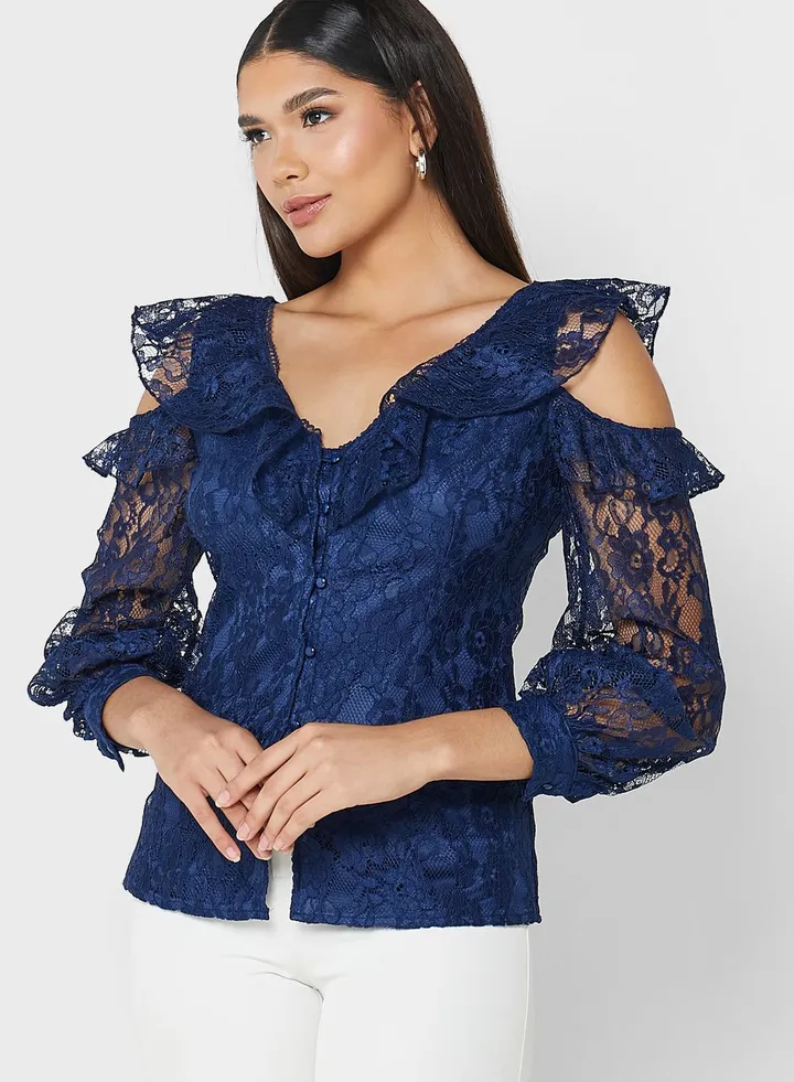 Ruffle Lace Detail Cutout Sleeve Top