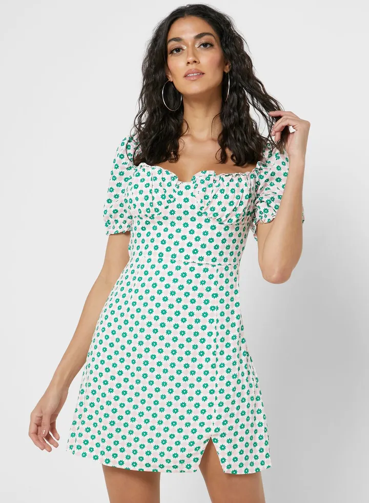 Puff Sleeve Floral Print Dress