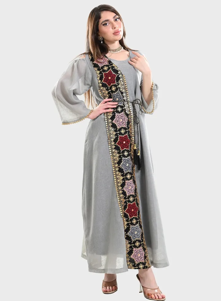 Mesh Printed Tie Detail Jalabiya