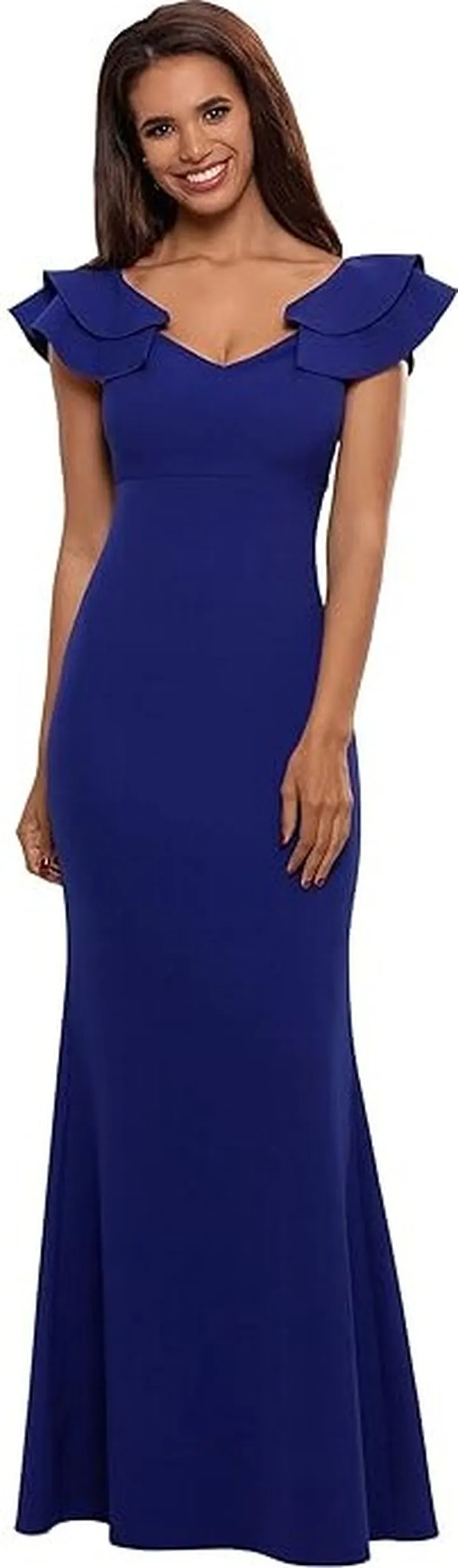 Betsy & Adam Long Over-the-Shoulder Ruffles Gown (Marine) Women's Dress