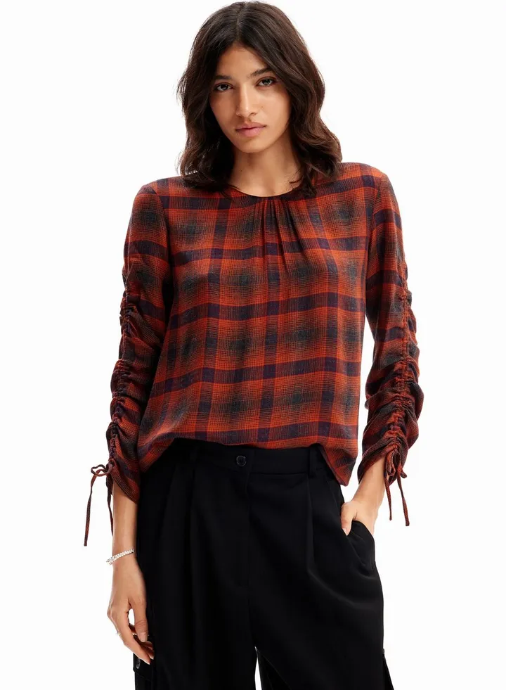 Adjustable Sleeve Plaid Blouse