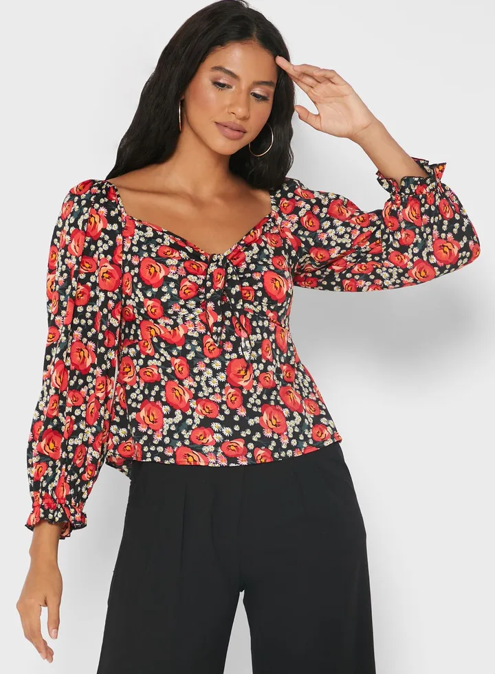 Balloon Sleeve Floral Print Top