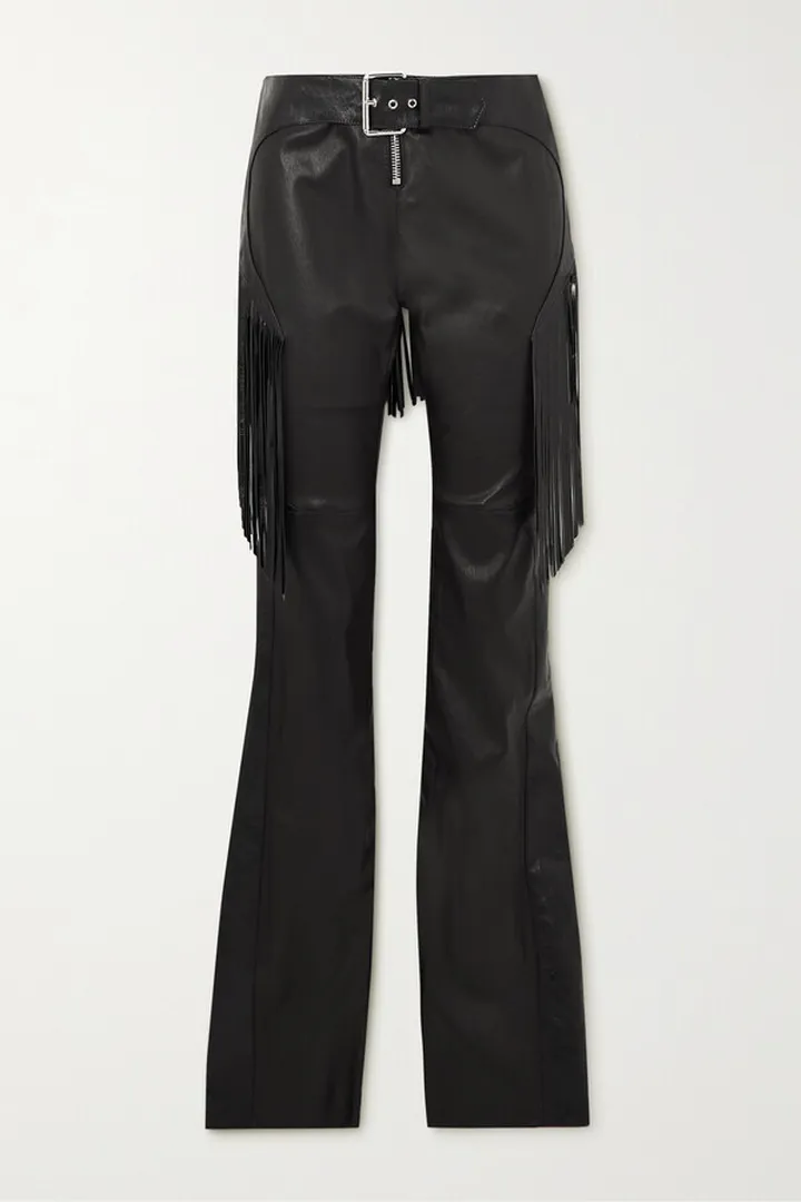 Versace - Fringed Belted Leather Slim-leg Pants - Black