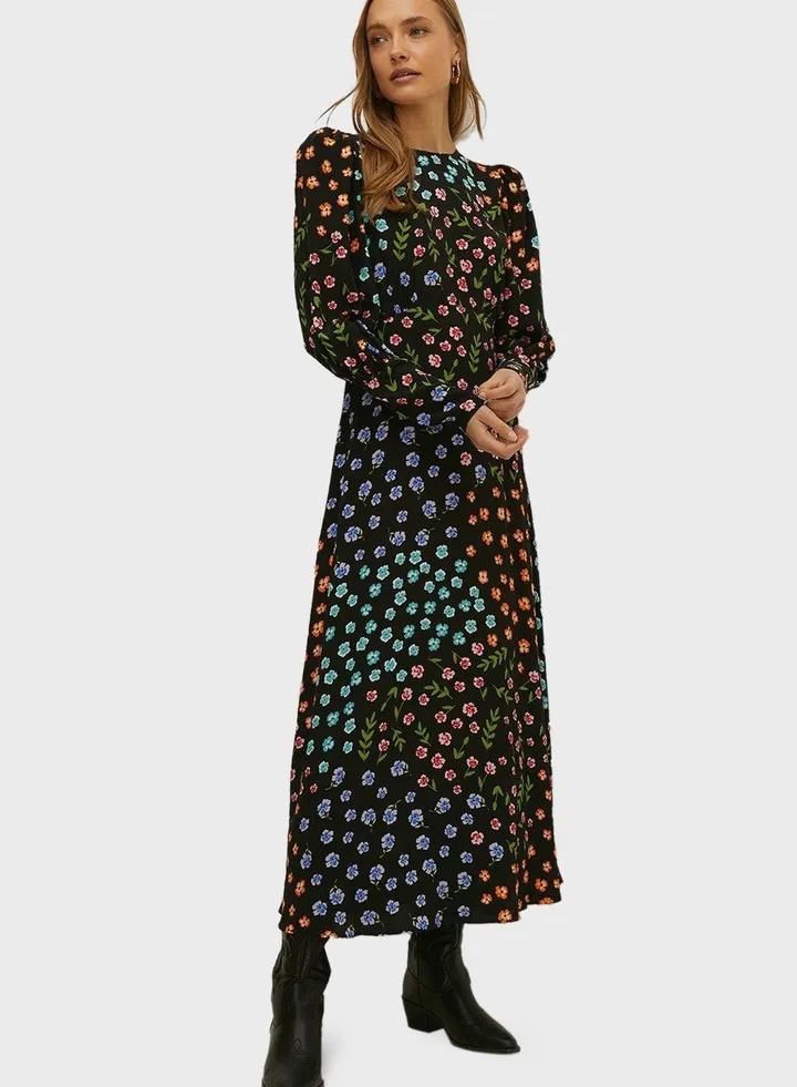 Puff Sleeve Floral Print Dress