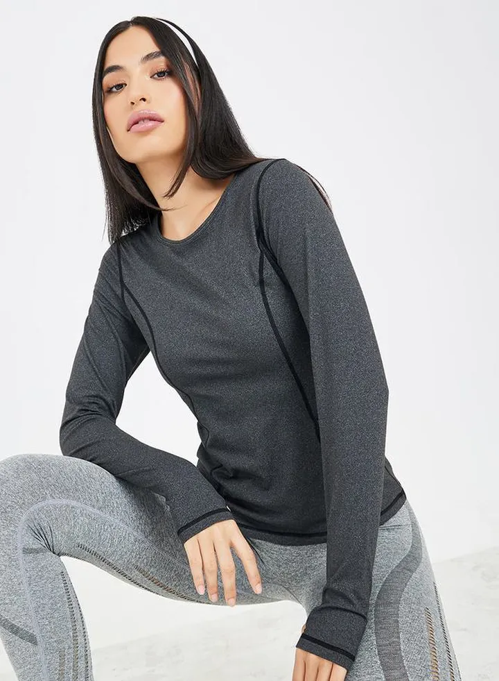 Melange Contrast Stitch Pocket Detail Top