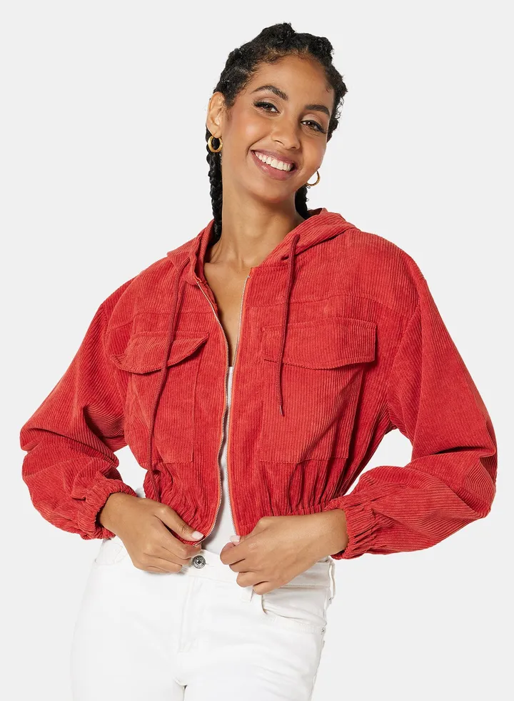 Corduroy Zip Through Crop Hoodie