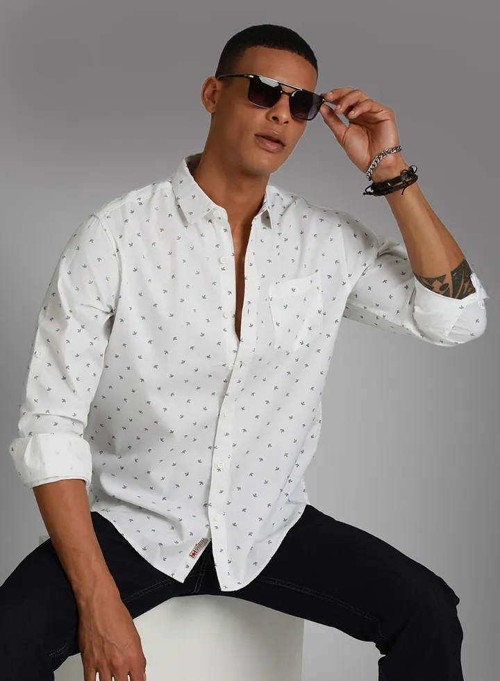 Classic Micro Ditsy Printed Spread Collar Long Sleeves Cotton Casual Shirt