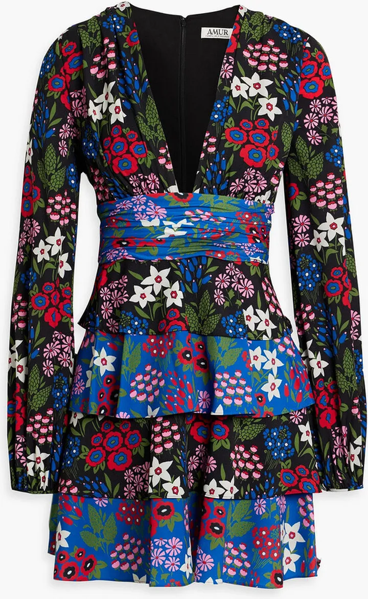 Tiered ruched floral-print crepe mini dress