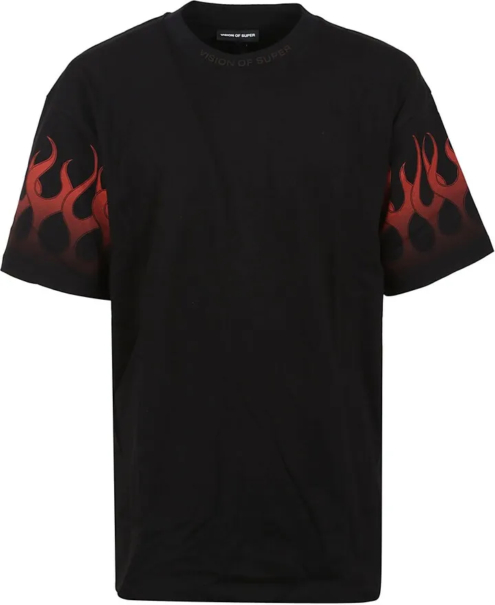 Cotton Black Black Tshirt With Red Flames