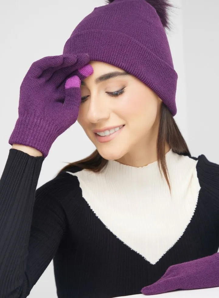 Winter Beanie With Pom Pom & Glove Set