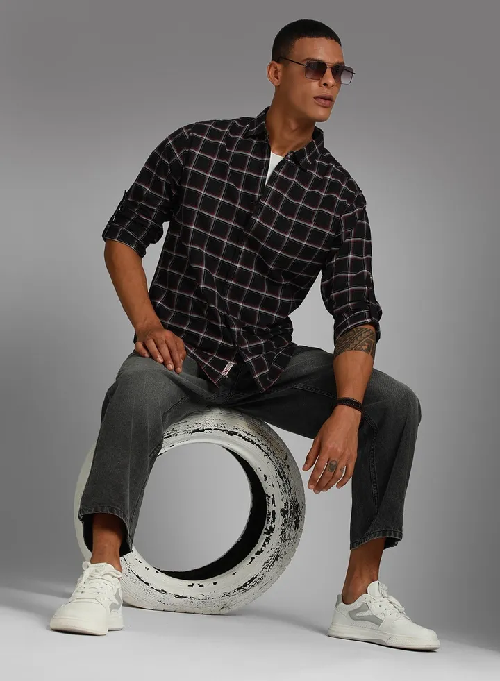 Classic Windowpane Checks Spread Collar Long Sleeves Cotton Casual Shirt