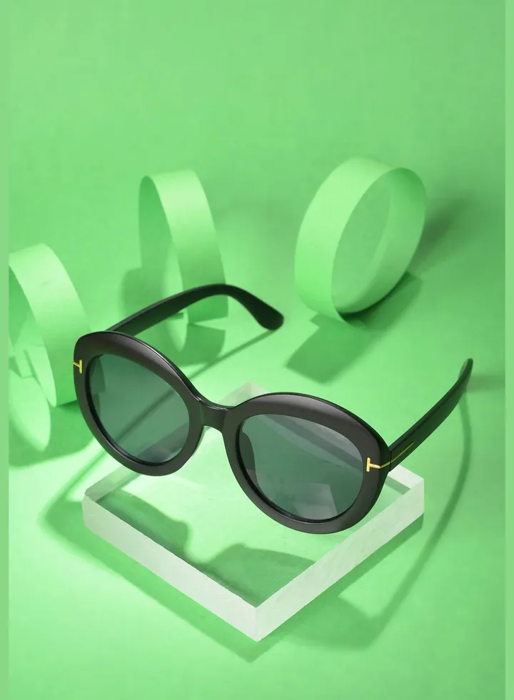 Women Black Lens Black Oval Sunglasses