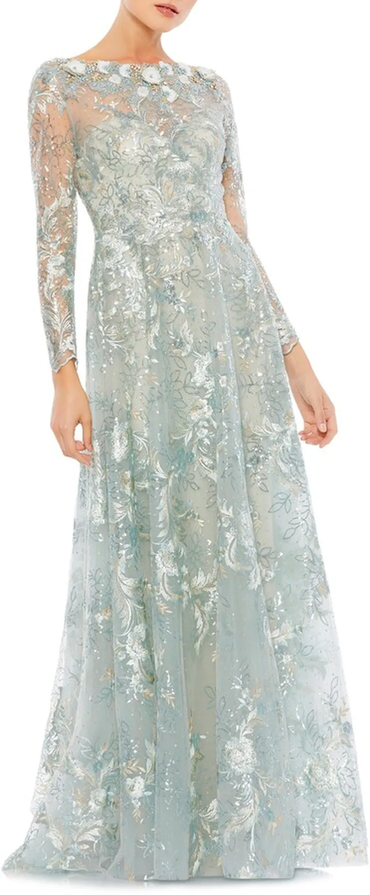 Long Sleeve Appliqué Lace A-Line Gown