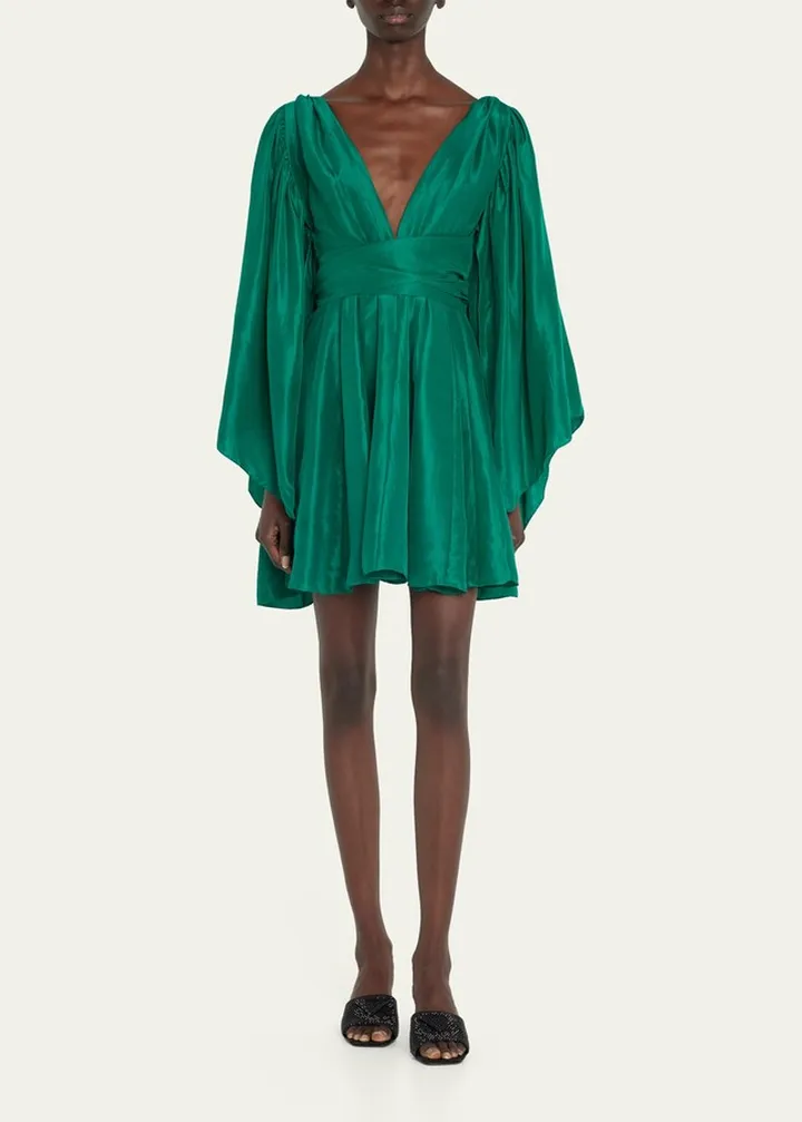 Catriona Cape-Sleeve Silk Mini Dress