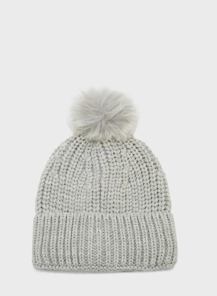 Knitted Faux Fur Pom Hat