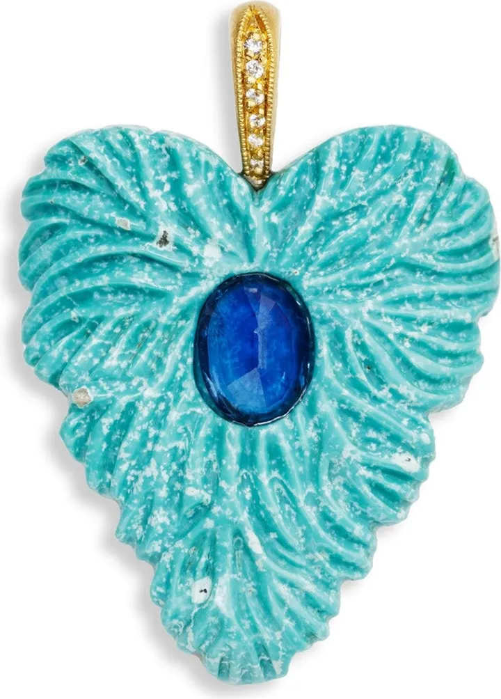 Turquoise and Kyanite Heart Leaf Yellow Gold Charm
