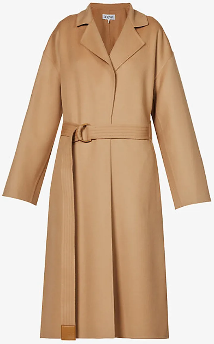 Womens Camel Notch-lapel Belted Wool-blend Coat