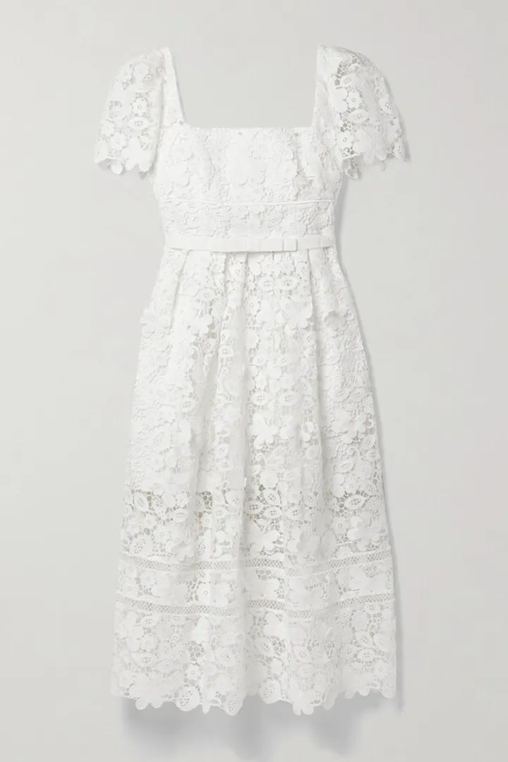 Self-Portrait - Grosgrain-trimmed Guipure Lace Midi Dress - White