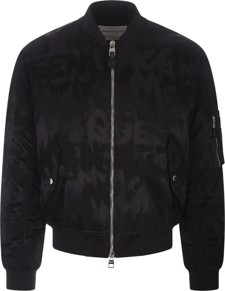 Mcqueen Graffiti Bomber Jacket In Black Polyfaille