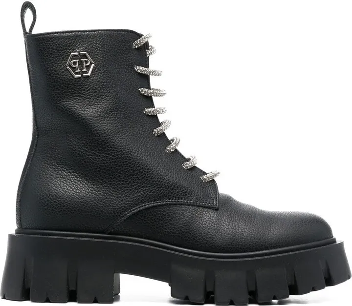 Logo-Plaque Lace-Up Leather Boots