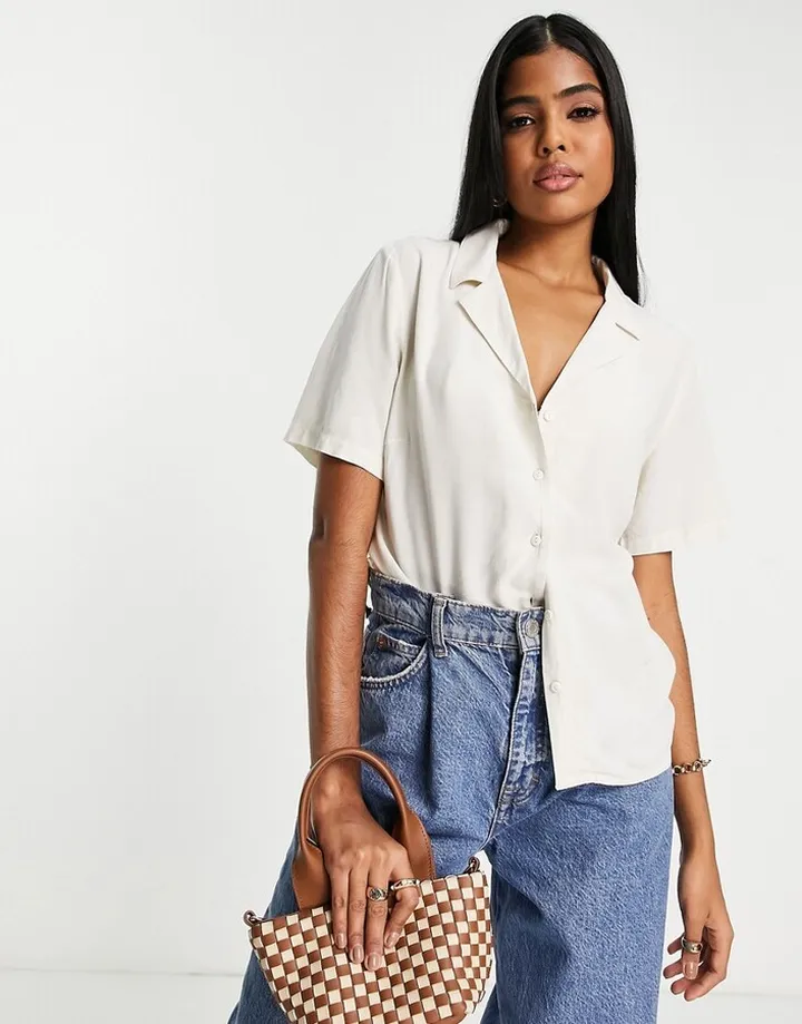 Pieces oversized grandad shirt in cream