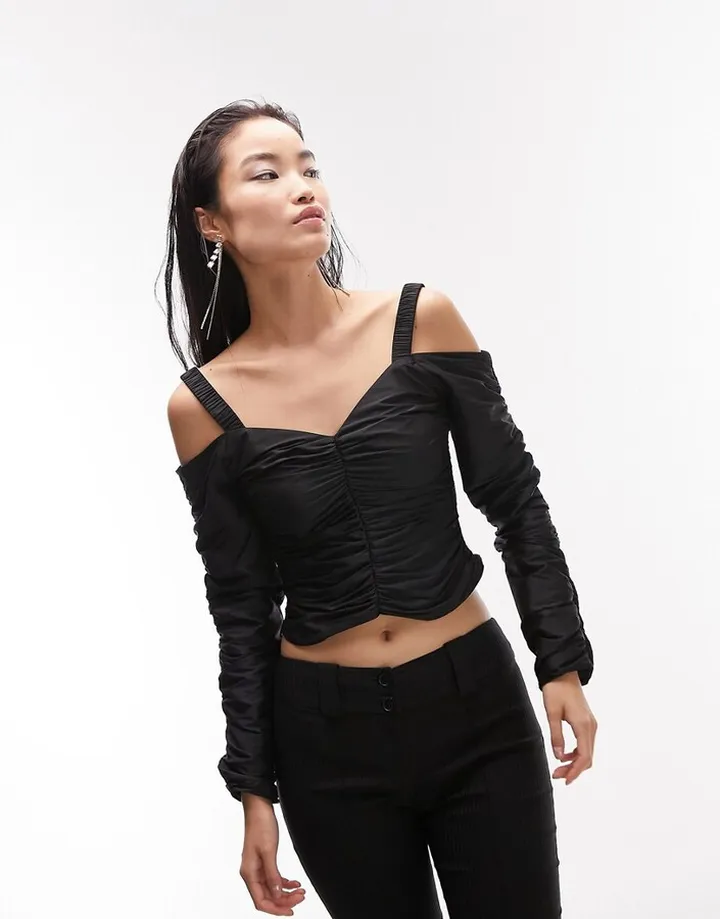 Topshop long sleeve ruched top in black