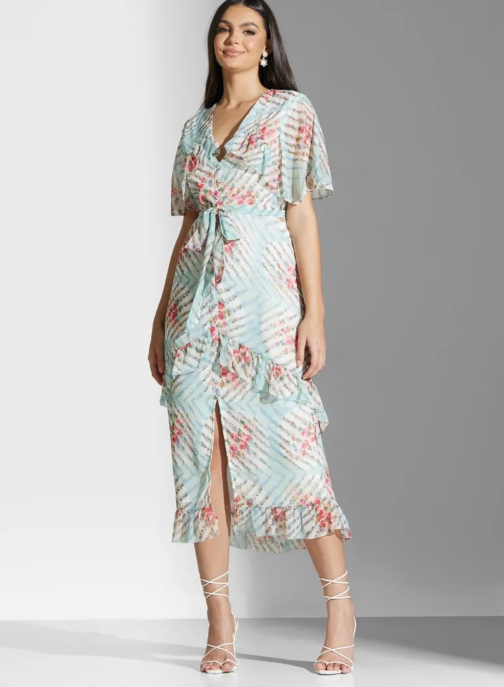 Floral Belted Ruffle Dress
