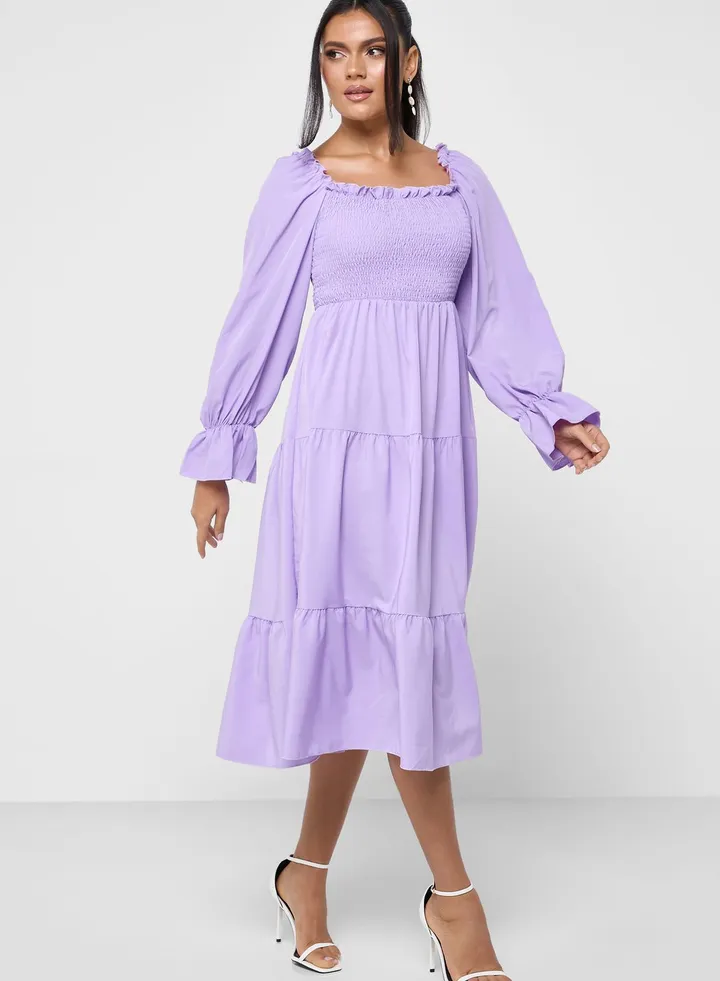 Puff Sleeve Shirred Detail Dress
