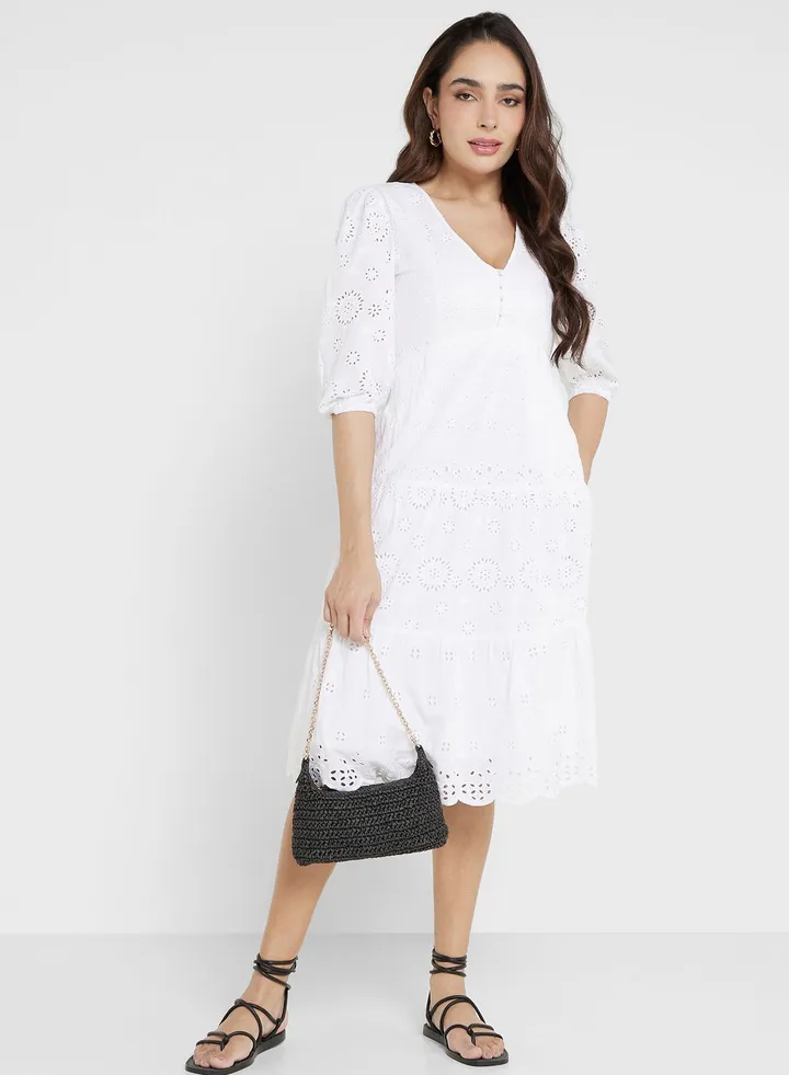 V-Neck Puff Sleeve Tiered Dress