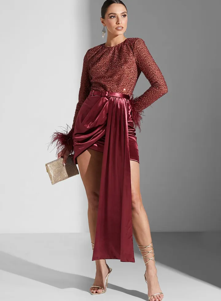 Belted Sequence Drape Detail Dress