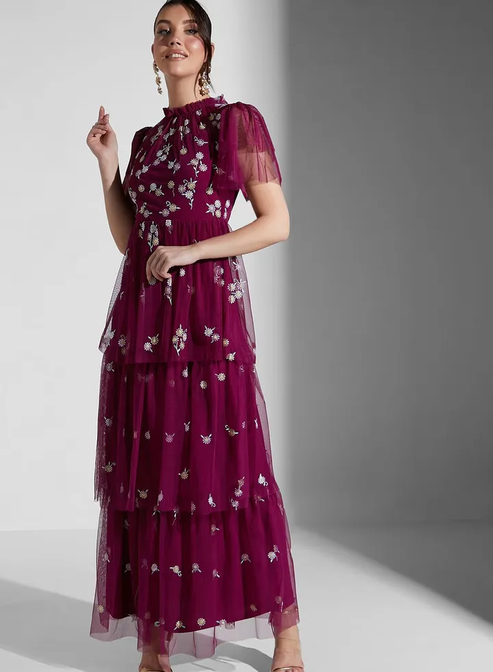 Floral Mesh Embroidered Tiered Dress