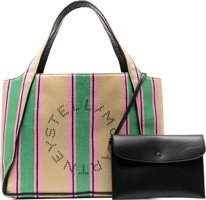Neutral Logo Striped Raffia Tote Bag