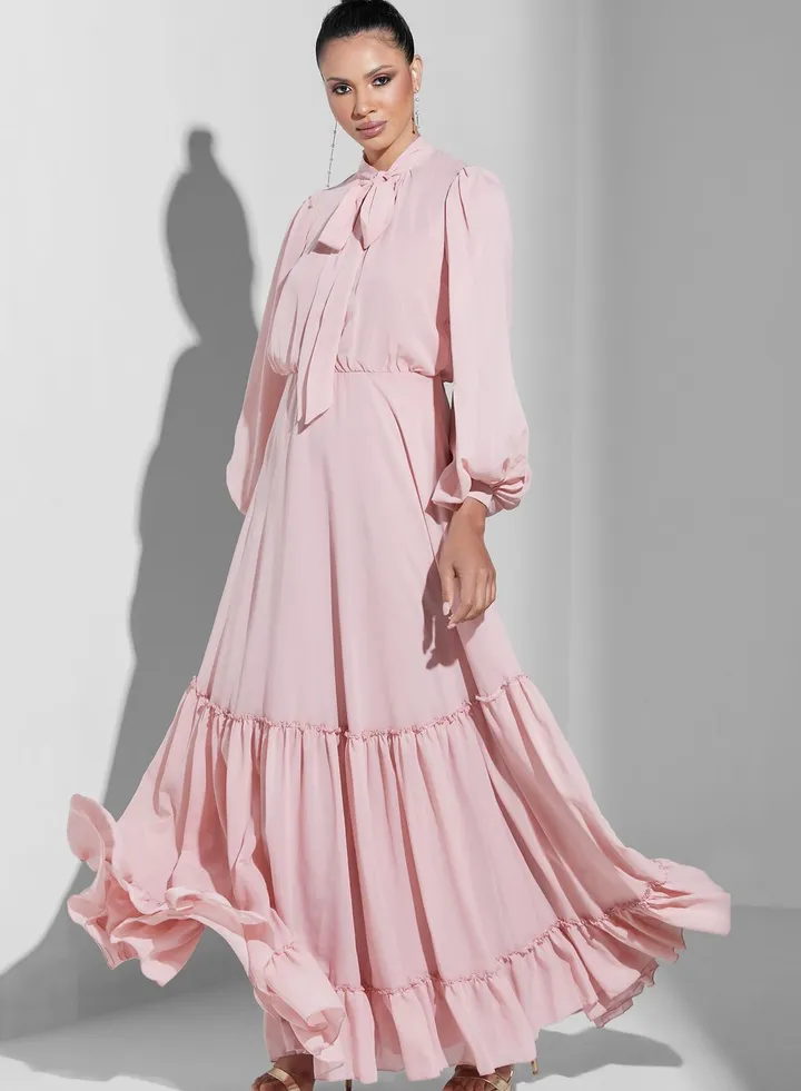 Tie Neck Balloon Sleeve Tiered Dress