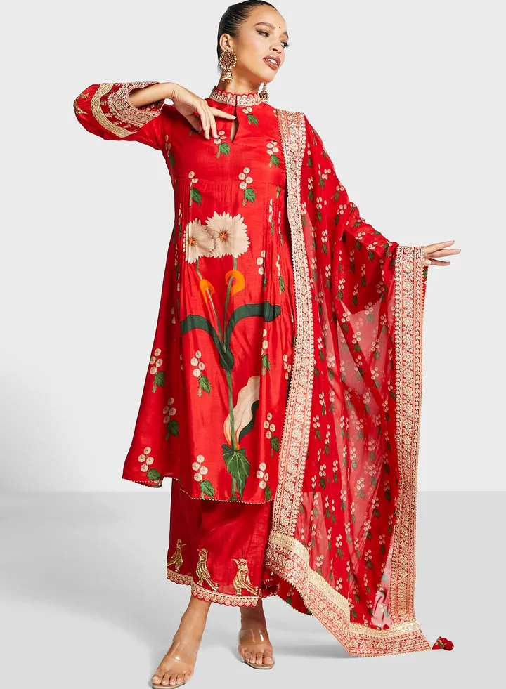 Floral Print Kurti & Wide Leg Pants Set