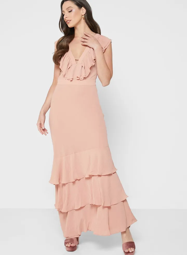 Plunge Neck Ruffle Detail Dress