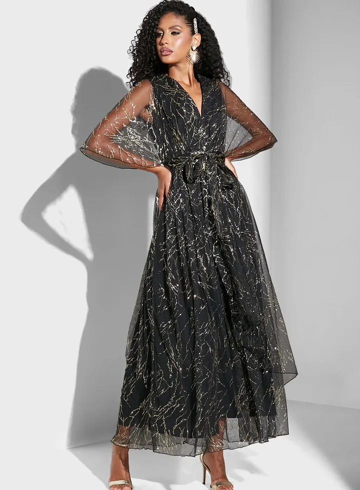 Renee Farah Asymmetrical Hem Shimmer Dress