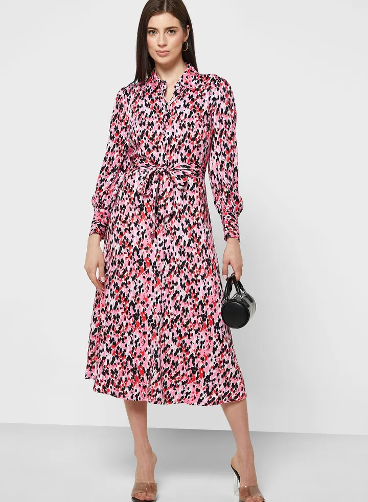 Animal Print Tie Waist Midi Shirt Dress
