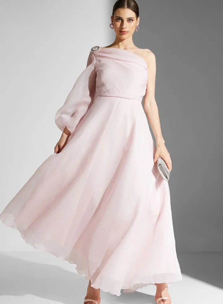 Dana One Shoulder Puff Sleeve Organza Dress