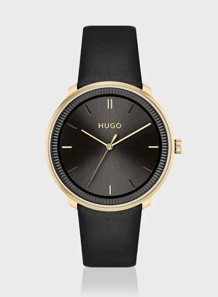 Black Calfskin Analog Watch