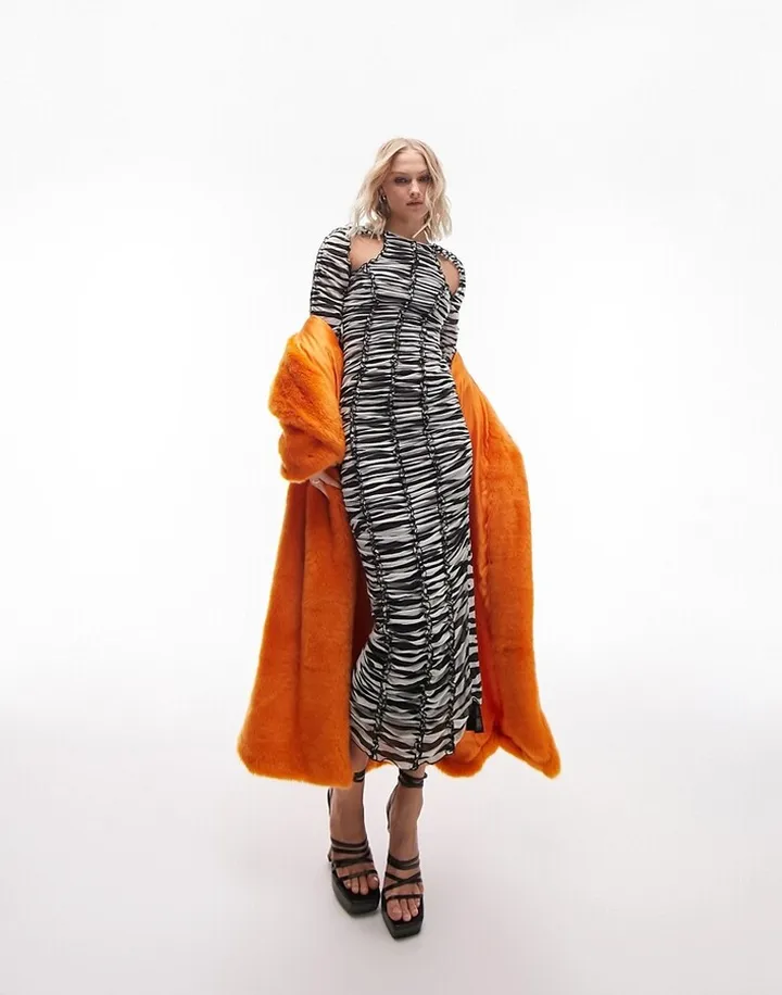 Topshop mesh ruched long sleeve midi dress in animal print