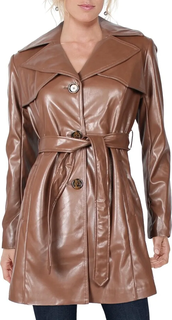 Womens Faux Leather Cold Weather Trench Coat
