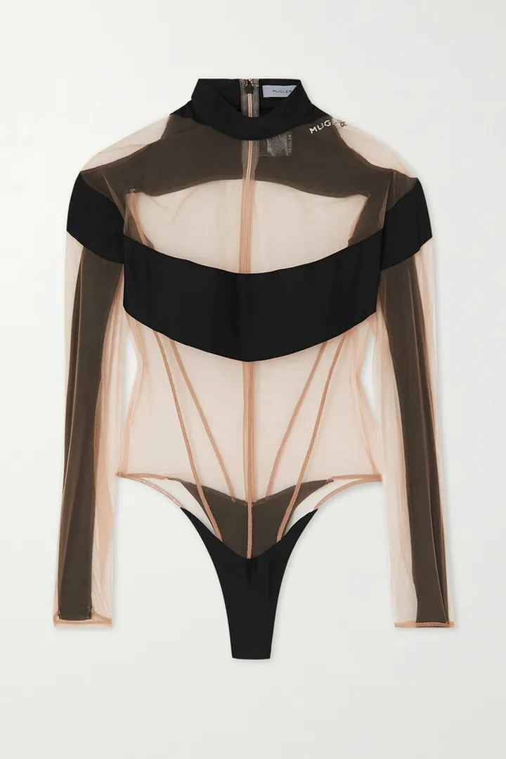 Mugler - Illusion Stretch Jersey-trimmed Tulle Thong Bodysuit - Black