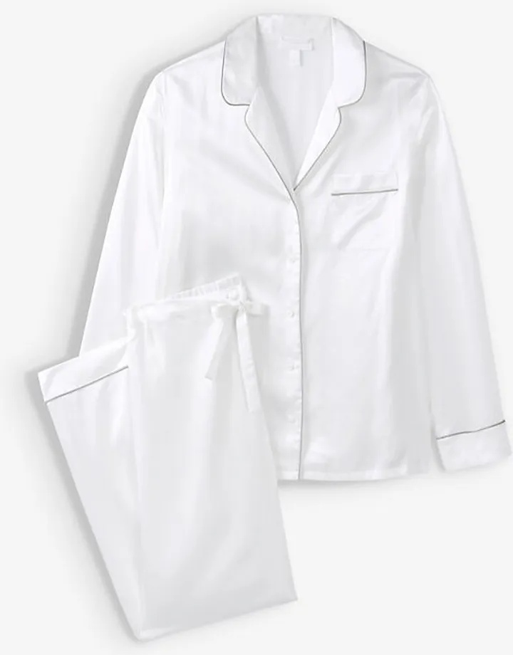 Womens Ivory Contrast Piped Silk Pyjama set