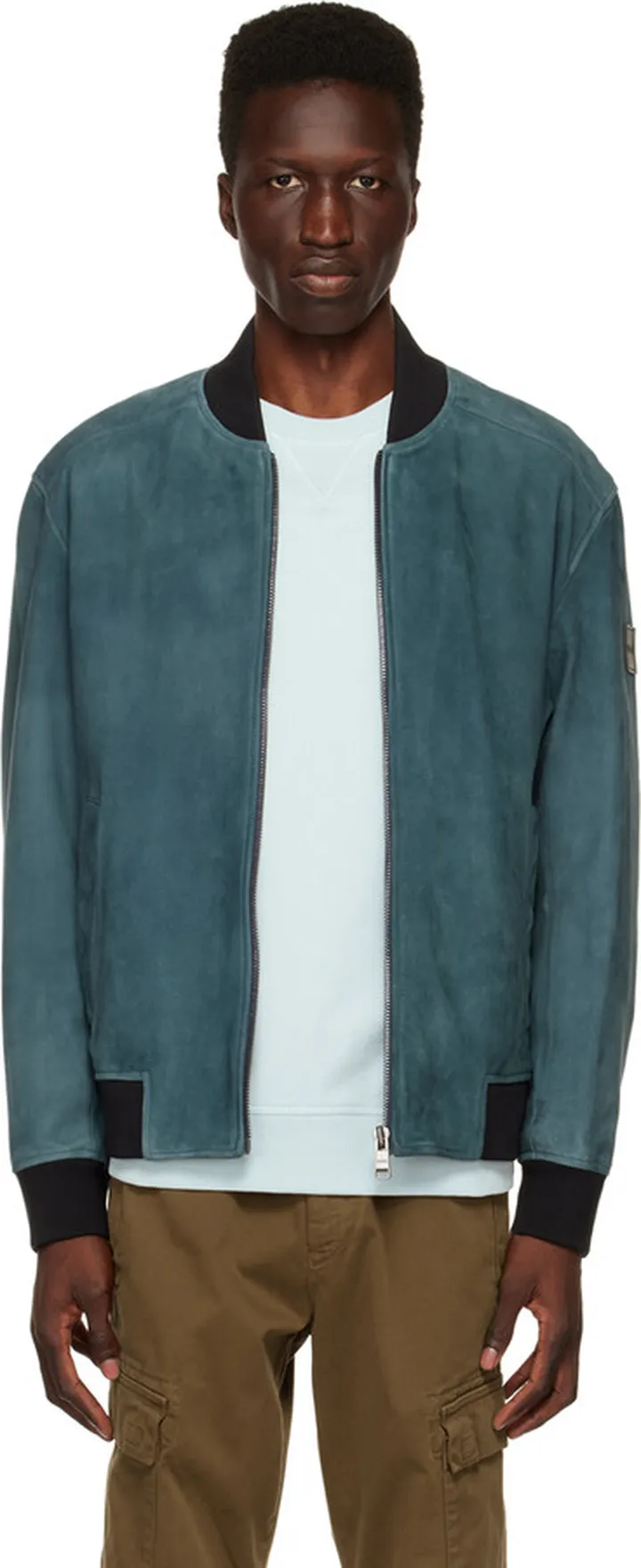 BOSS Blue Jamaro Leather Bomber Jacket
