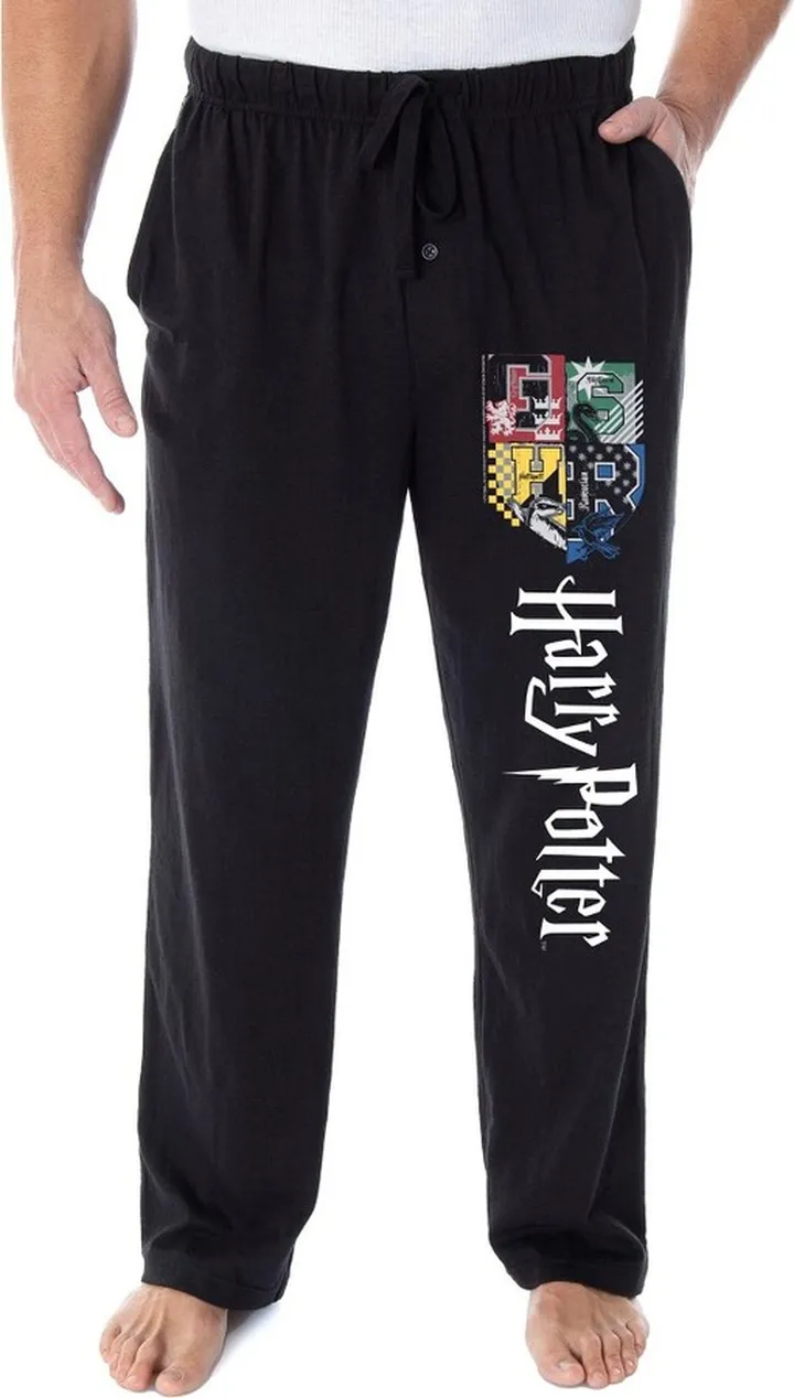 Harry Potter Adult Mens' Hogwarts Crest Collegiate Style Pajama Lounge Pants (M) Black