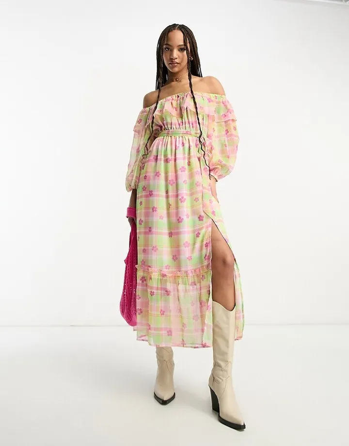 Miss Selfridge chiffon bardot tie waist maxi dress in floral gingham