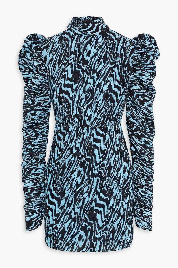Marine bow-detailed printed plissé-crepe mini dress